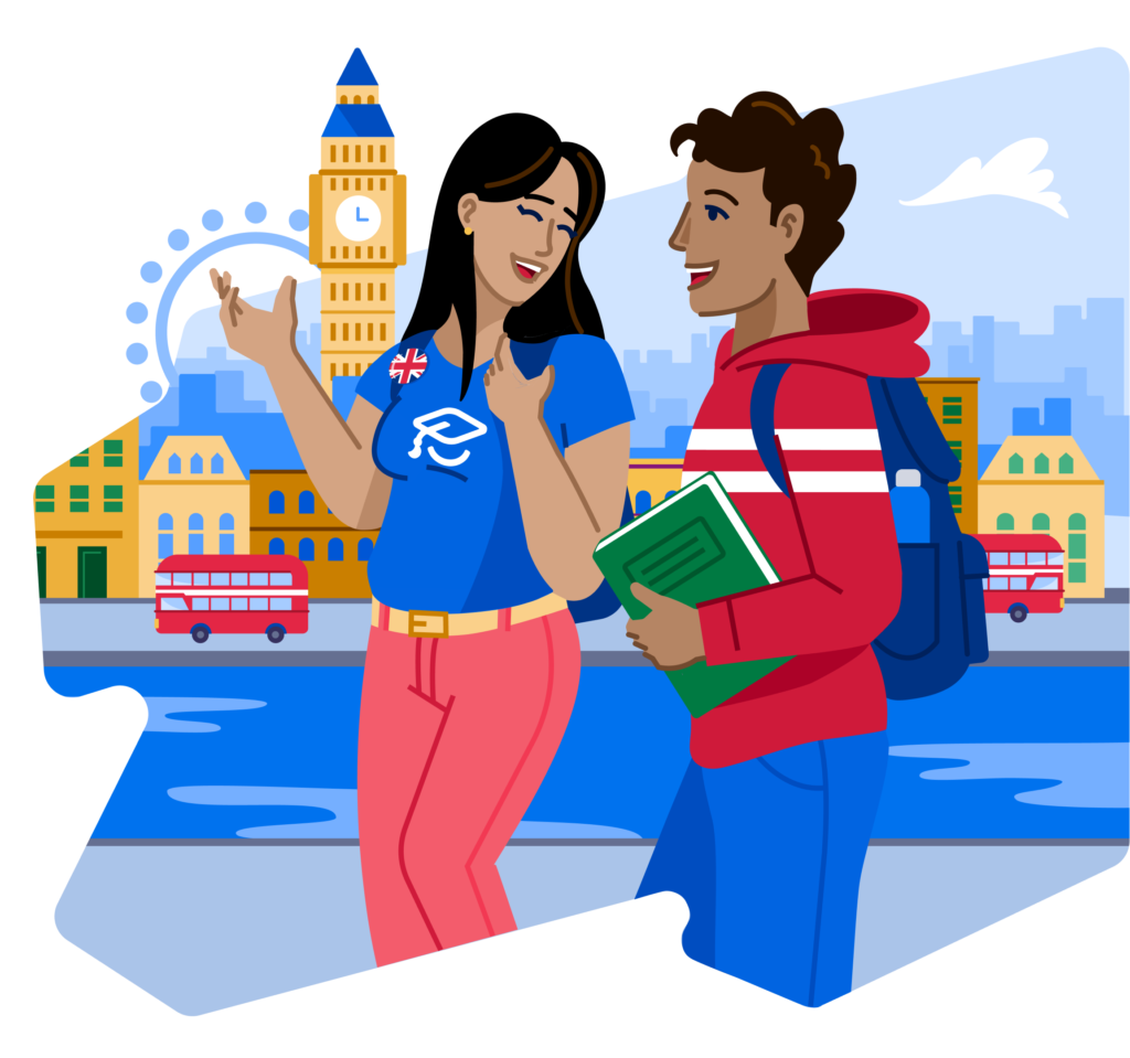 Two students talk as they walk past some of London's attractions (the London Eye, a blue Ferris wheel, and the yellow brick tower of Big Ben.)