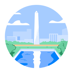 Illustration of a white obelisk overlooking a reflecting pool (the Washington Monument)