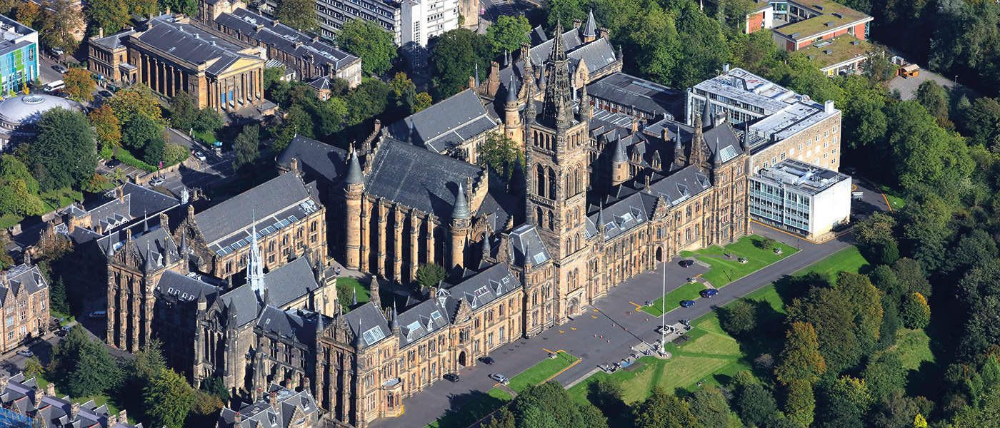 An aerial shot of Glasgow University.