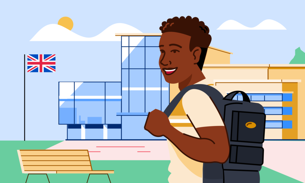 Illustration of a male student in front of a UK school.