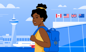 A graphic illustration of a woman at an international airport with the Canadian, US, UK, and Australian flags behind her.
