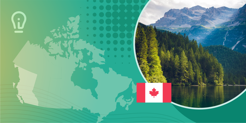 An image of mountains and forest alongside a map of Canada and a Canadian flag.