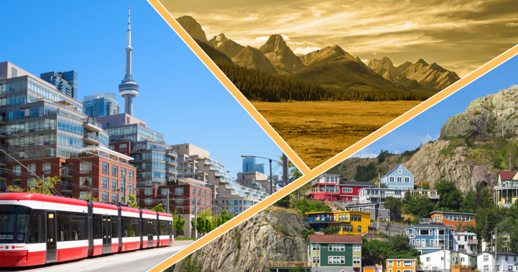 A banner split three ways between a busy streetscape with streetcar and the CN Tower, a sepia-toned photo of grey mountains rising over an alpine lake, and a maritime village set into tall cliffs.