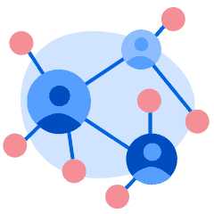 An illustration of three people mapped on a hub-and-spoke model of connections