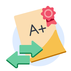 A graphic of an 'A+' paper with a ribbon on it and arrows showing grade conversion.