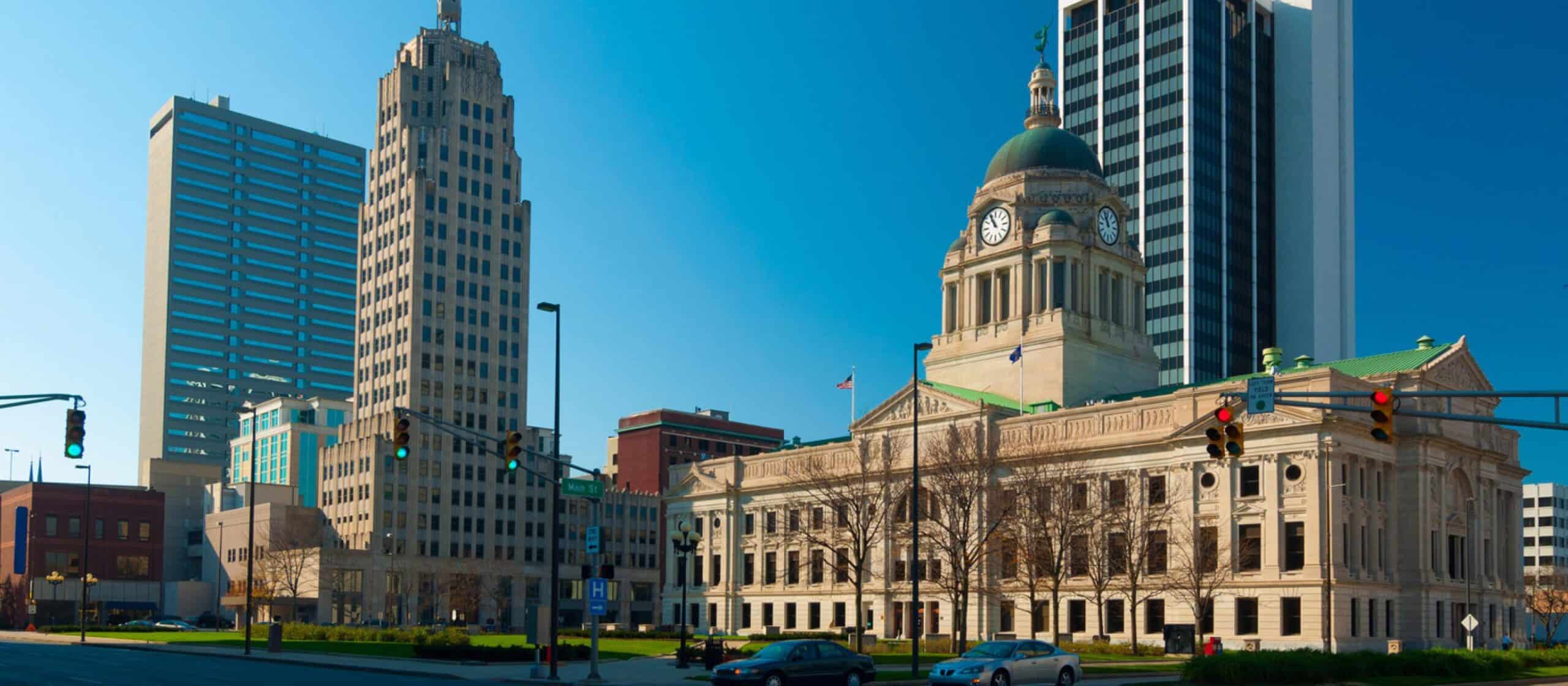 Photograph of the downtown district skyline in Fort Wayne, Indiana.