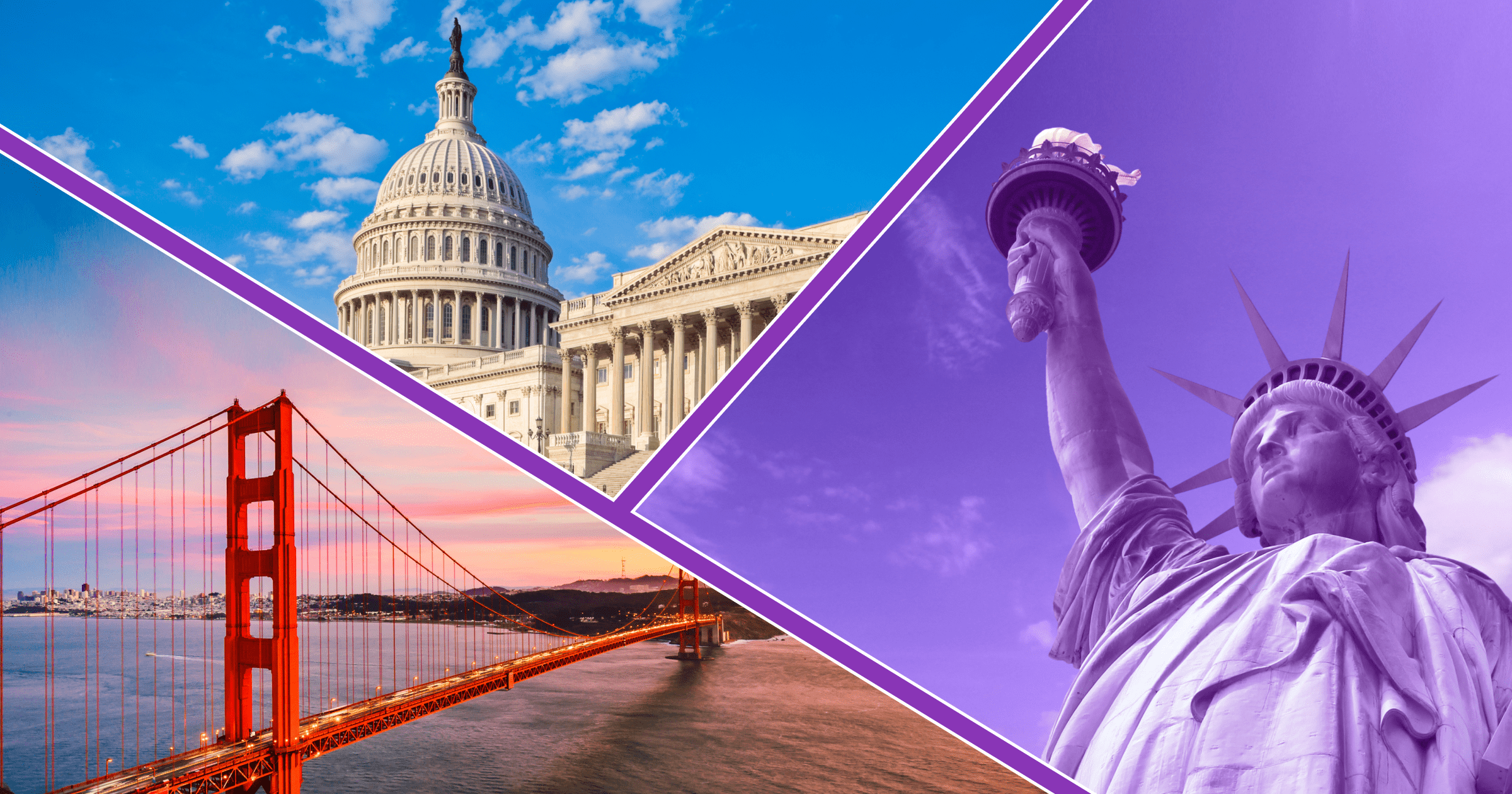 Three photographs of major American landmarks (the Golden Gate Bridge, the Capitol in DC, the Statue of Liberty)