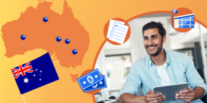 A graphic of the Australian flag and map and a photo of a man.