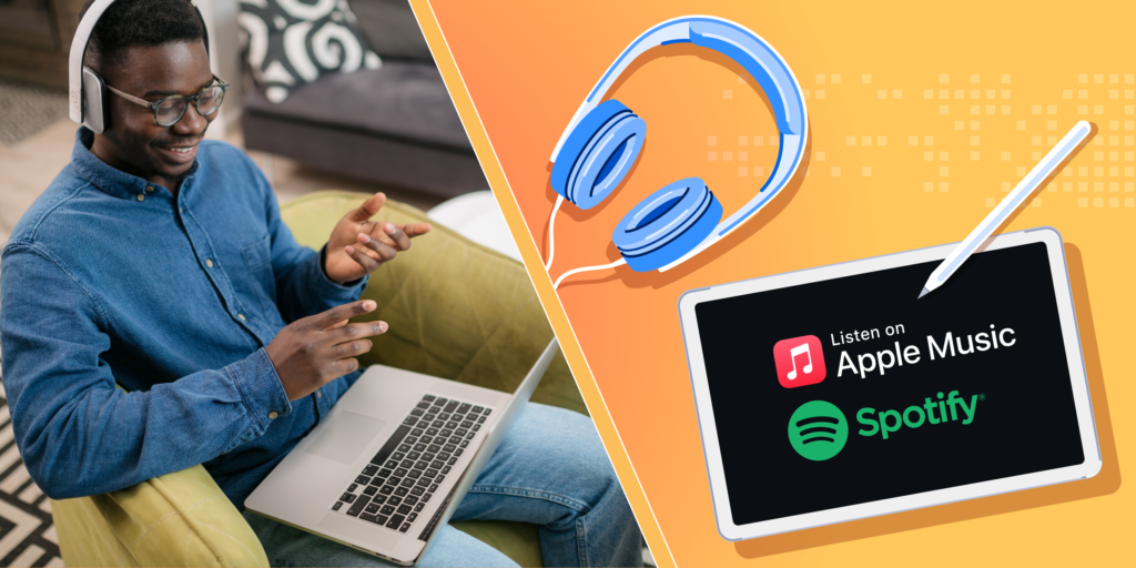 In one corner there's a photograph of a student on his laptop with the Apple Music and Spotify logos and graphic of a headphone in other corner.