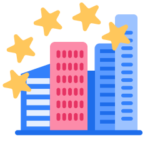 An illustration of tall buildings close to each other, overlaid by five gold stars.