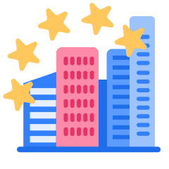 An illustration of tall buildings close to each other, overlaid by five gold stars.
