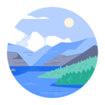 An illustrated scene of snow-capped mountains overlooking hills and a blue lake.
