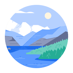 An illustrated scene of snow-capped Alberta mountains overlooking hills and a blue lake.