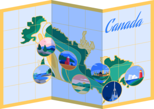 Illustrated map of Canada with a range of landscapes