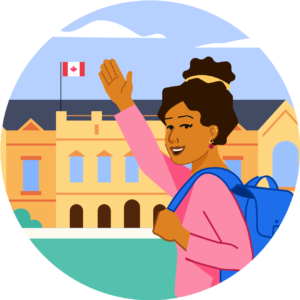 A female student waves while standing in front of a building flying a Canadian flag.