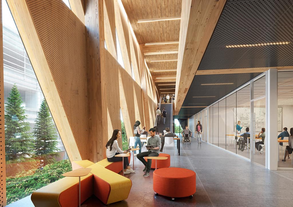 An artistic rendering of the interior of the York University School of Continuing Studies: a modern hallway with exposed blonde timber beams and glass walls partitioning smaller meeting rooms. Students gather on bright, low couches.