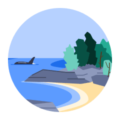 An illustration of a coast shoreline with a whale in the ocean.