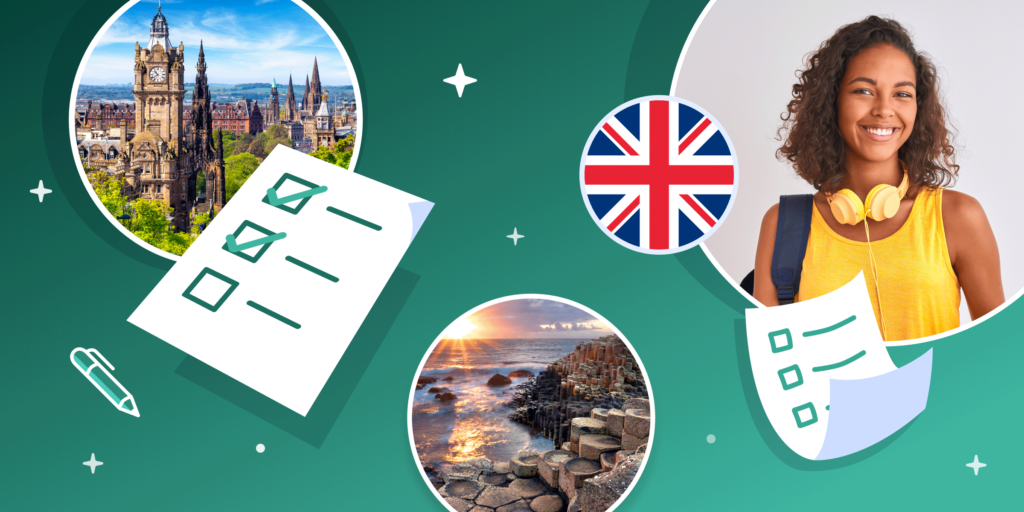 Photographs of classical British architecture (lots of spires!) and a rocky coast at sunset, along with a smiling female student are overlaid by illustrations of a Union Jack flag and checklists.
