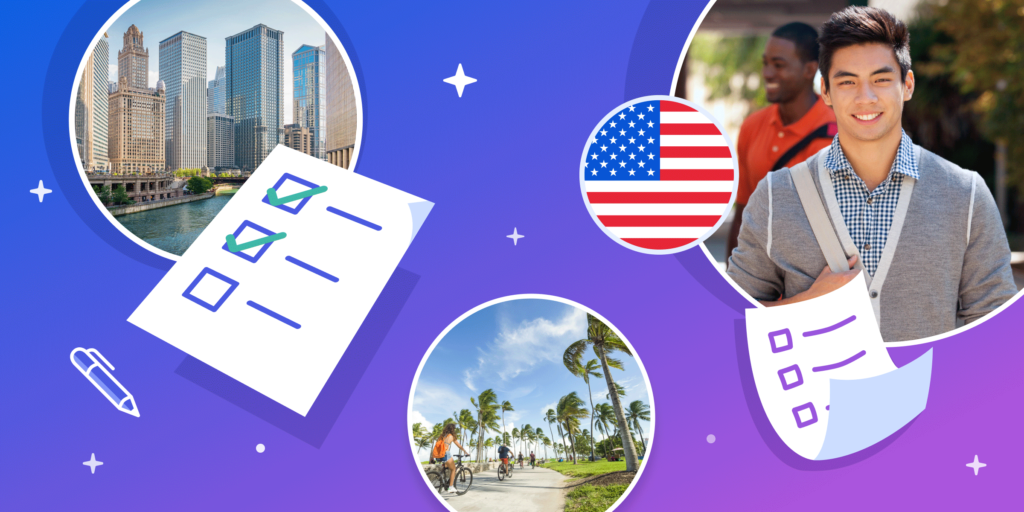 Photographs of a young Asian student, Chicago (tall skyscrapers on the Chicago River) and Southern California (cyclists on a path lined with palm trees) are overlaid by an American flag illustration and a checklist.