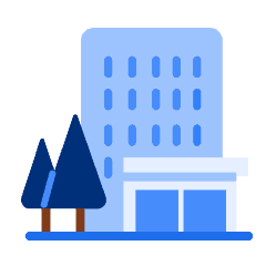 An illustration of a building with trees in front of it.