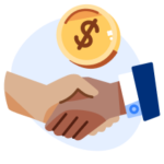 Two hands in a handshake, with a dollar coin above the hands