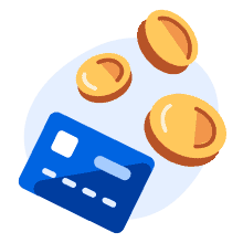 An illustration of a bank card with three gold coins surrounding it.