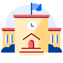 An illustration of a school with a flag on it.