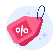 An illustration of a discount price tag with sparkles around it. 