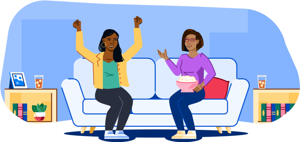 An illustration of two friends having drinks and popcorn and hanging out on the couch.