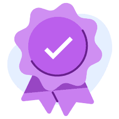 An illustration of a purple ribbon with a white check mark on it.