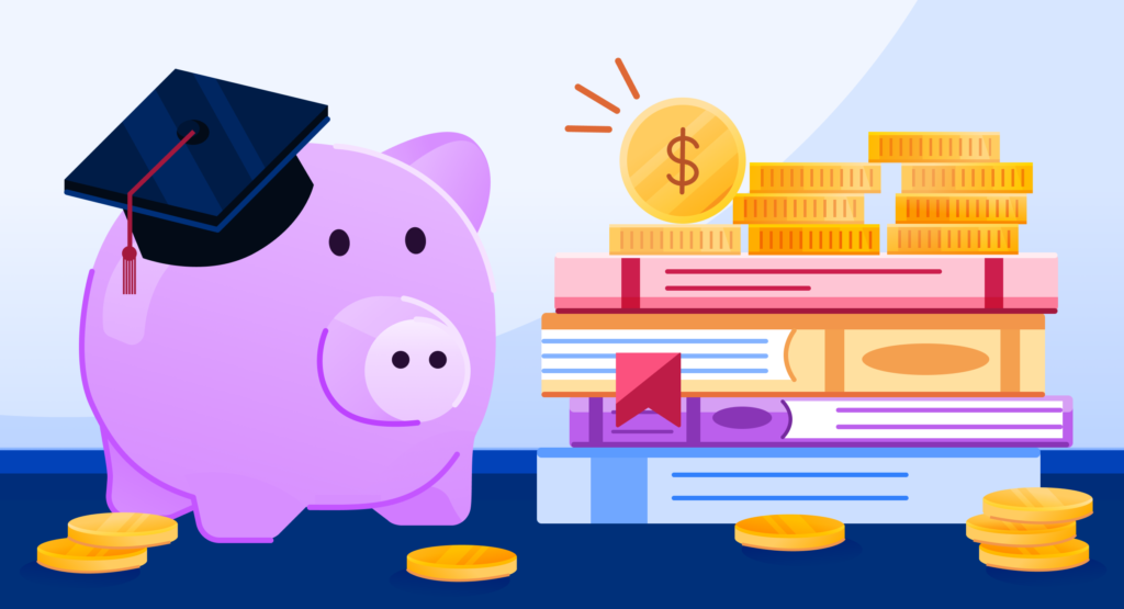 An illustration of a purple pig with a grad hat on standing beside a pile of books with coins sitting on top, representing scholarships available to students.
