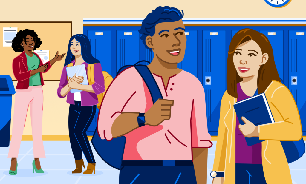 An illustration of four different students standing in a school hallway chatting with one another.