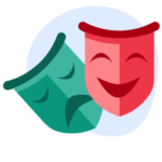 An illustration of red and green theatre masks.