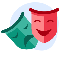 An illustration of red and green theatre masks.