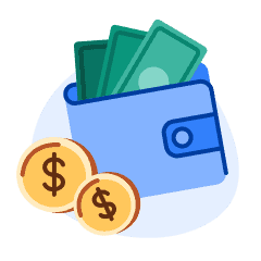 An illustration of a blue wallet with money in it and coins beside it.