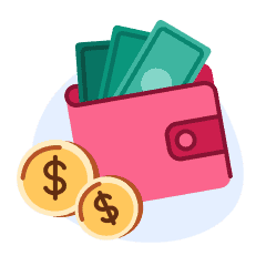 An illustration of a pink wallet with cash hanging out of it, and a couple of coins placed in front of it.