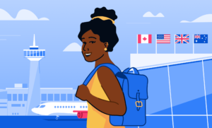 An illustration of a international student with a backpack, arriving at her destination country ready to start studying.