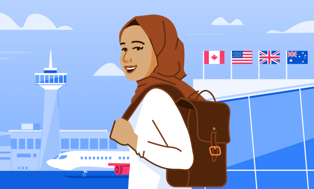 An illustration of a student arriving at Toronto's international airport.