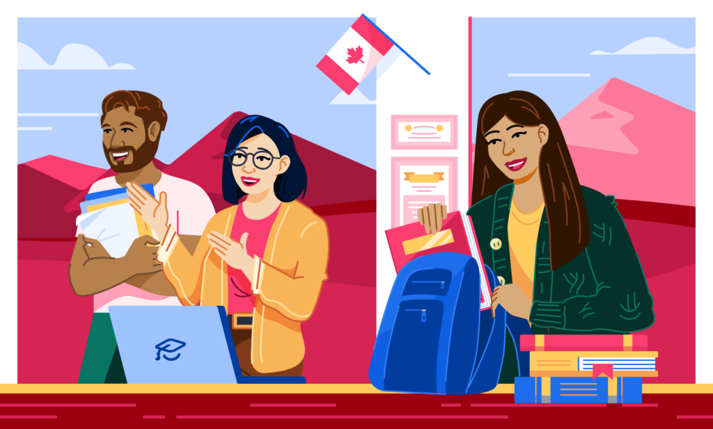 An illustration of students on a Canadian educational institution campus with backpack, laptop, and textbooks