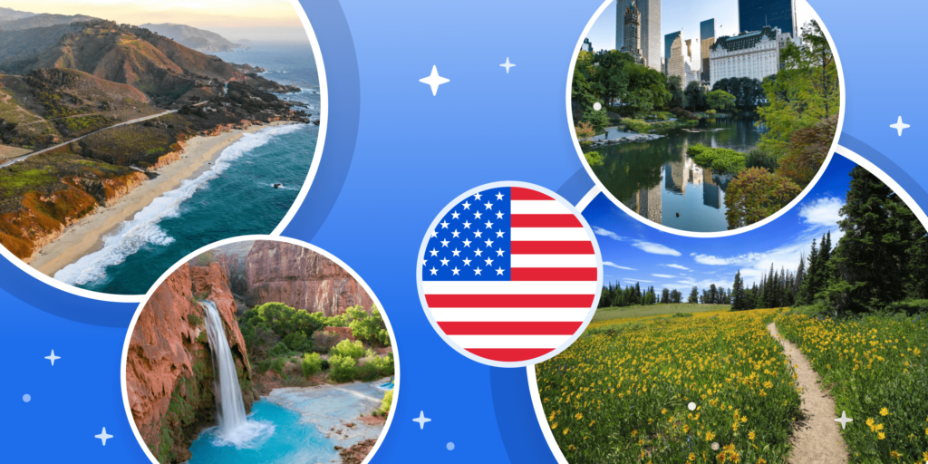 A mixture of photos of beautiful places in the east and west coast in the US and an illustration of a US flag.