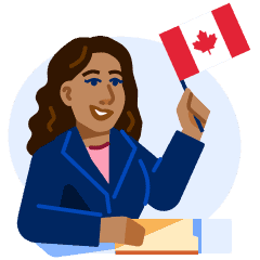 A Canadian Immigration Official holding up a flag with another hand on a file.