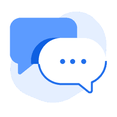 An empty blue message chat bubble, and a white chat bubble with three dots on it.