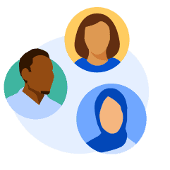 Image of three diverse students' faces over a blue background.
