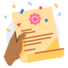 An illustration of a student holding a paper with a celebratory award on it.