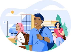 Illustration of international students with backpacks on their institution's campus.