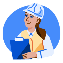 An illustration of a woman holding a clipboard and wearing a vest and hard hat.