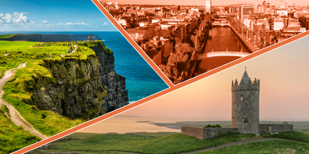 A montage image showing three photos of Ireland, including the Cliffs of Moher, the city of Dublin, and Doonagore Castle.