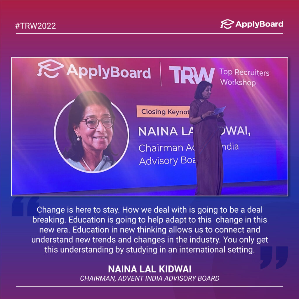 A photo of Naina Lal Kidway speaking on stage at TRW 2022, with a quote from her keynote speech: 