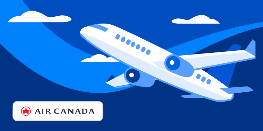 Illustration of an Air Canada airplane flying through a blue cloudy sky.