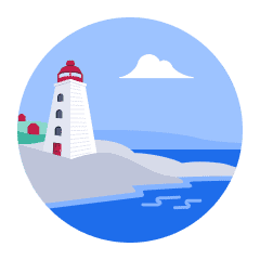 An illustration of Canada's iconic east coast, including a lighthouse and rocky cliffs over the ocean.